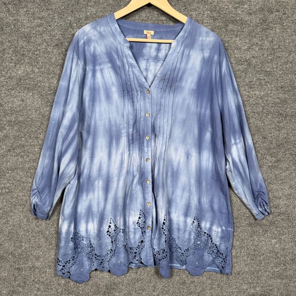 Reba Tops - Reba Plus Size 2X Top Blouse Blue Tie Dye Cotton Peasant Buttons Embroidered